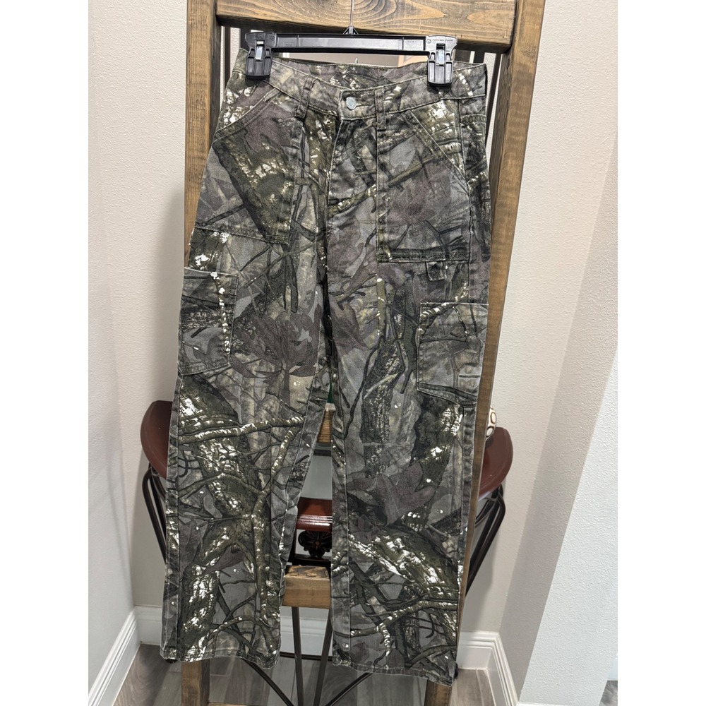 SHEIN Camo Cargo Pants Women Size 26 Green Tree Camouflage Paint Splatter Denim